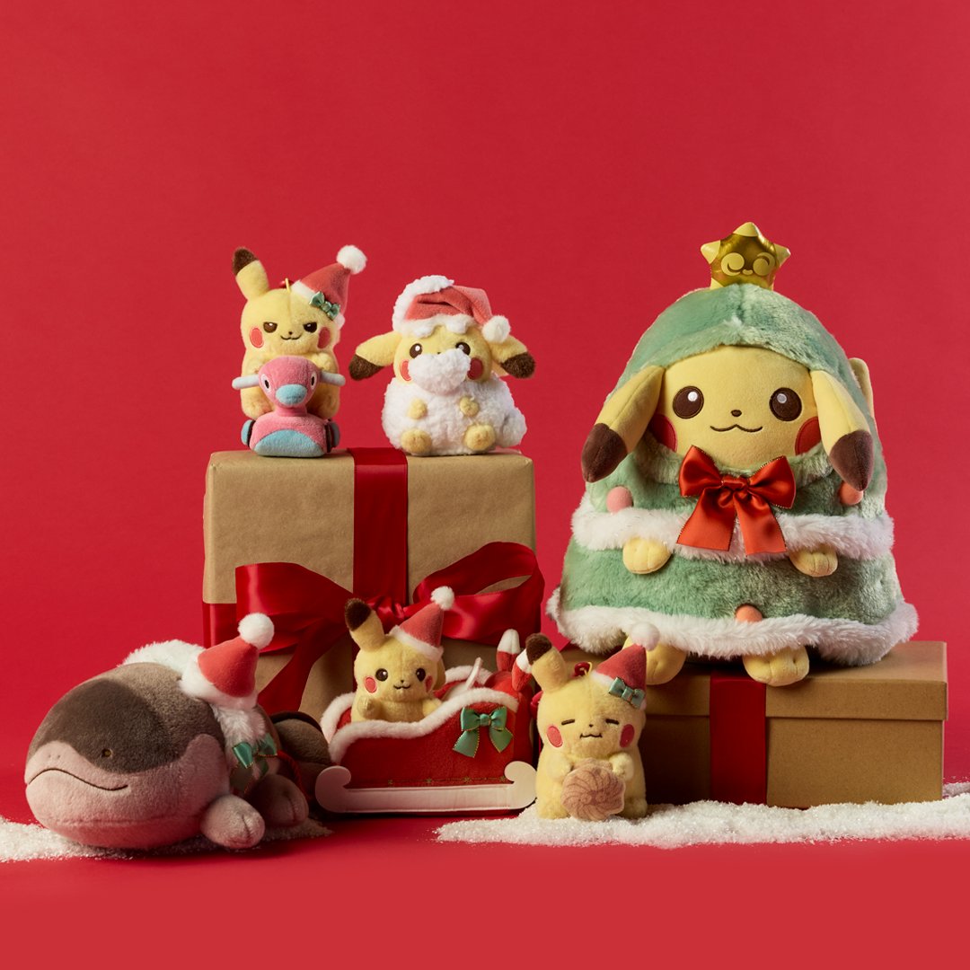 Pok&eacute;mon&rsquo;s Holiday Helpers plush line, led by a Pikachu dressed as a Christmas tree, shown with the other festive Pikachu designs