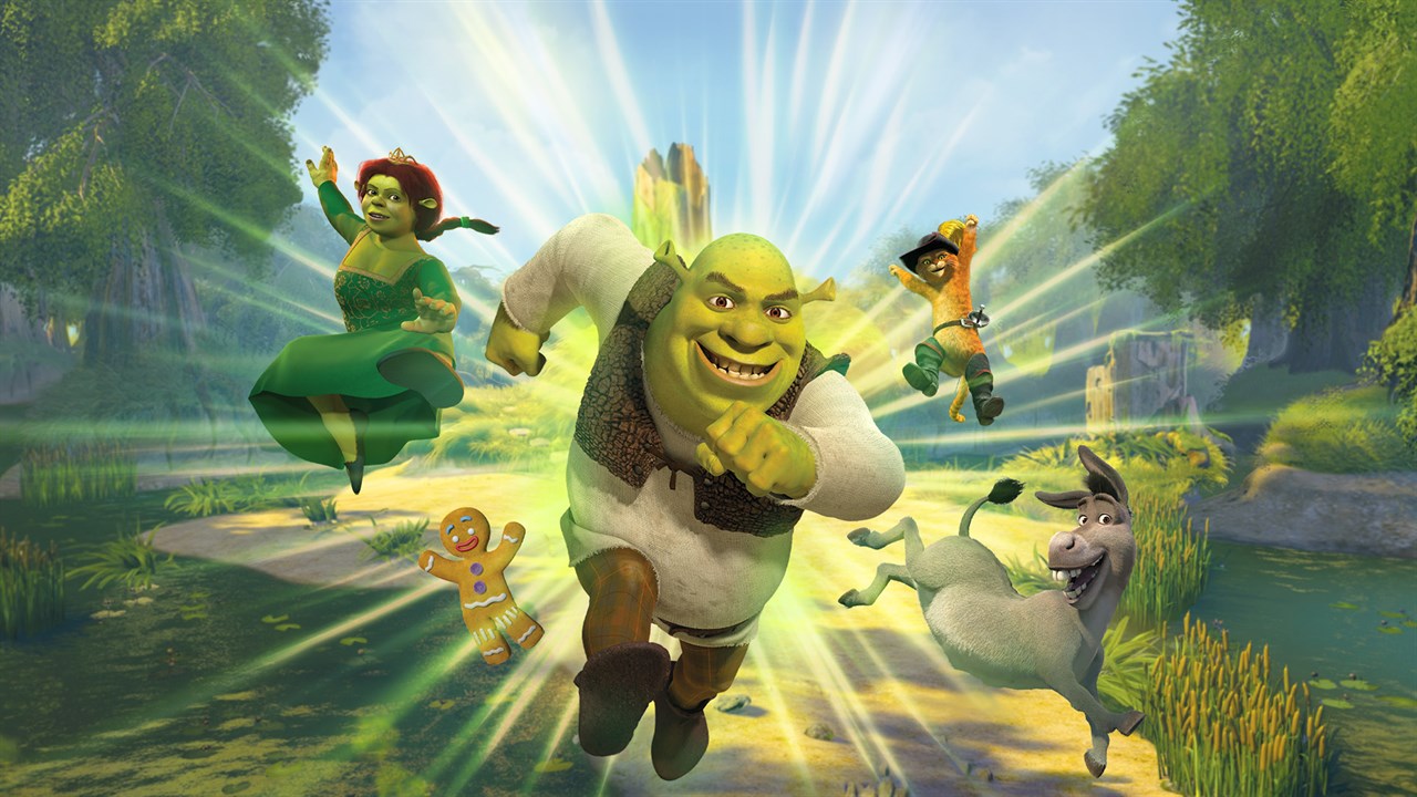 Shrek 2 Remastered key art from the Microsoft Store, showing Shrek, Donkey and friends