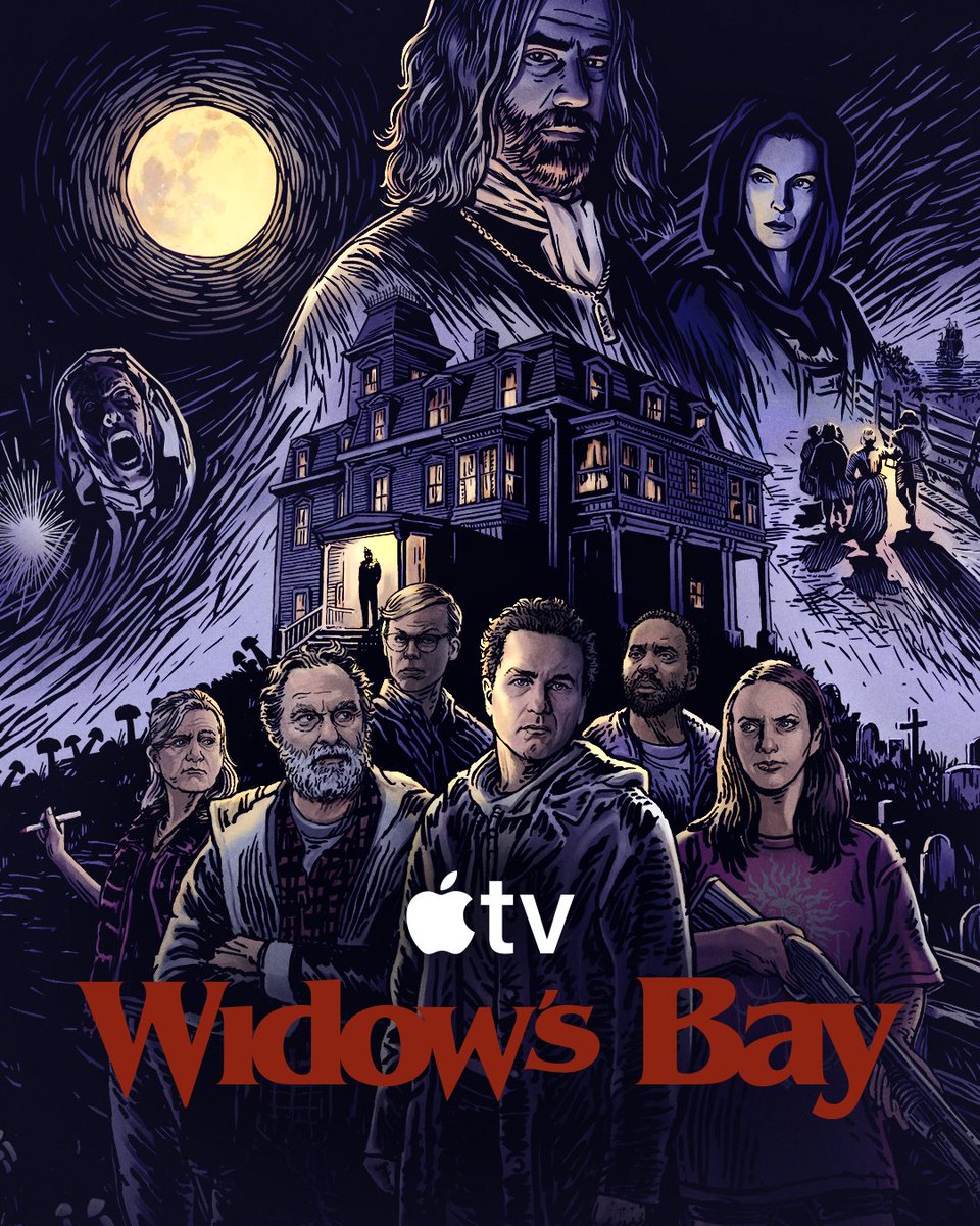 Key art for Apple TV's Widow's Bay, showing the ensemble cast beneath a haunted mansion and a full moon