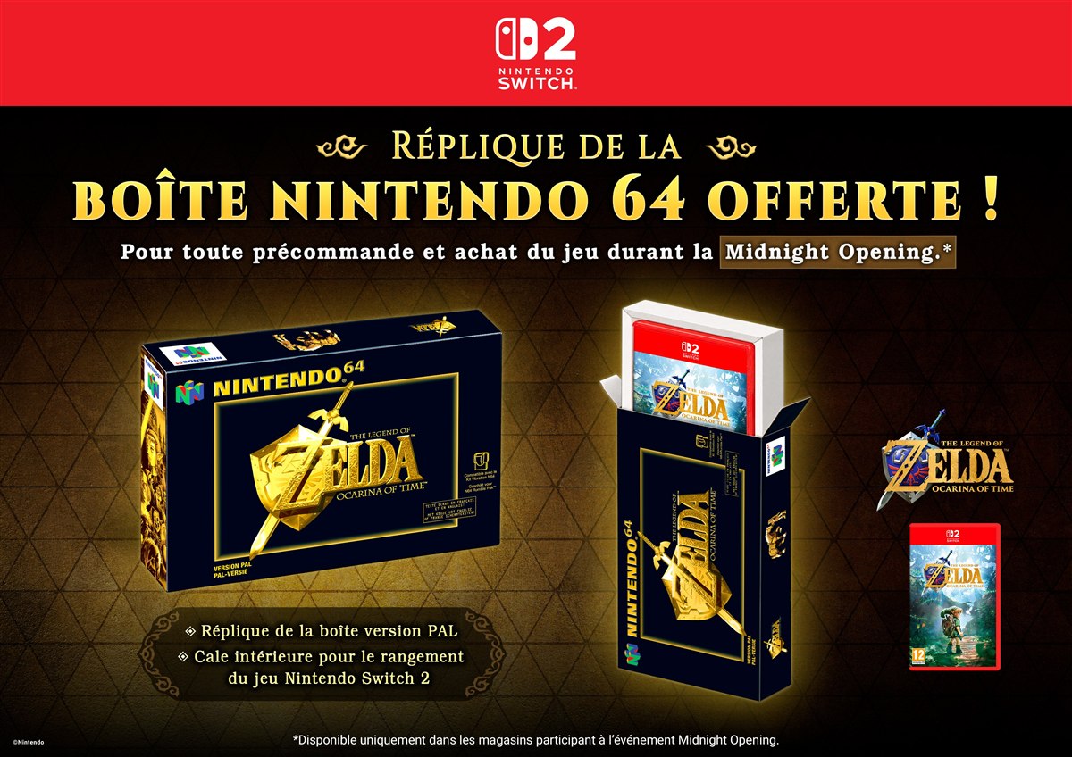 Affiche promotionnelle de Micromania pour The Legend of Zelda: Ocarina of Time sur Nintendo Switch 2, annonçant une réplique de la boîte Nintendo 64 offerte